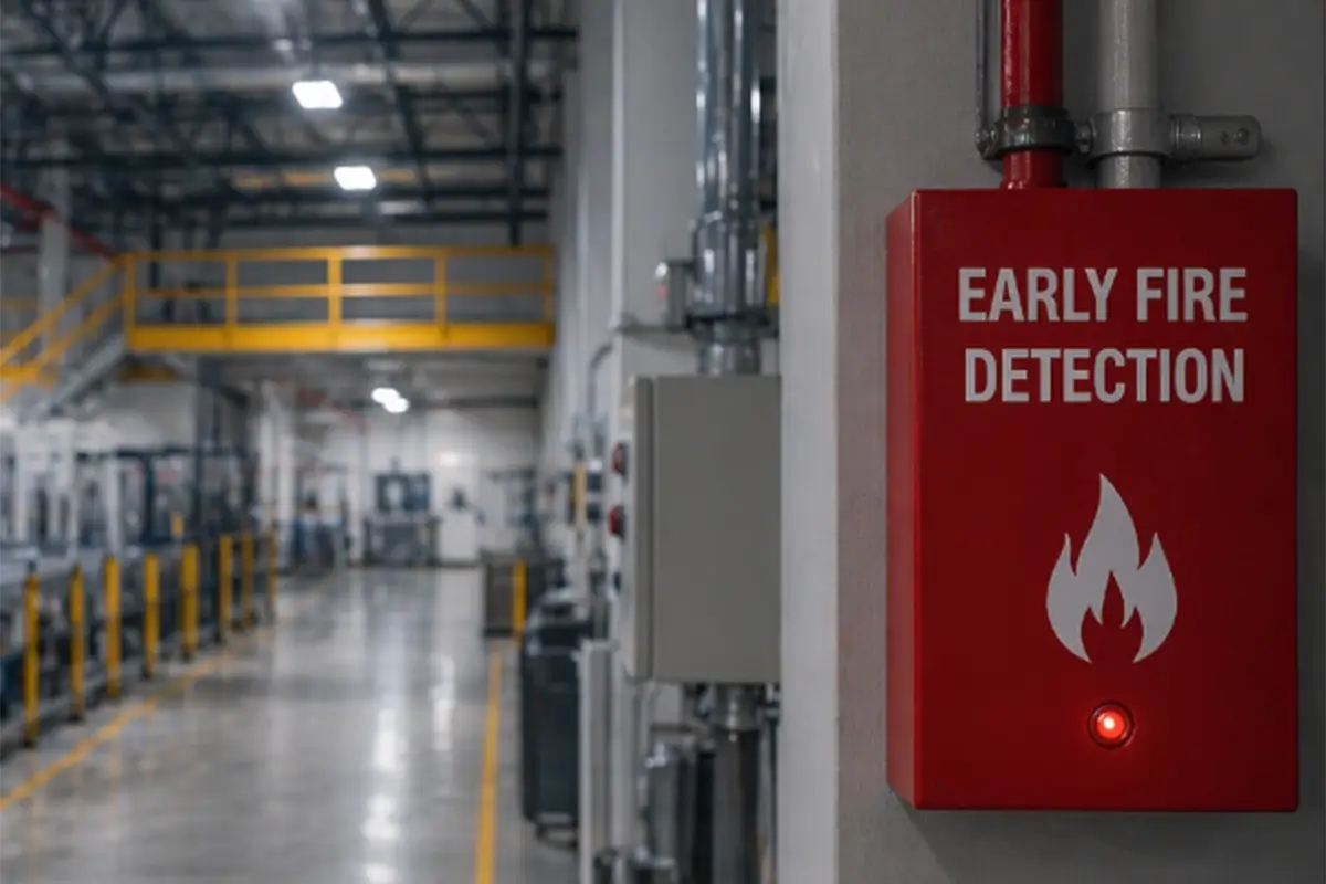 fire alarm in an industrial factory that reads "Early Fire Detection"