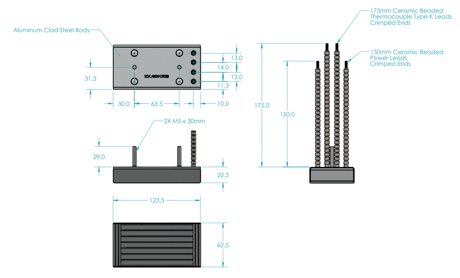 Quartz Infrared Heating Half Size Quad lead Technical Drawing